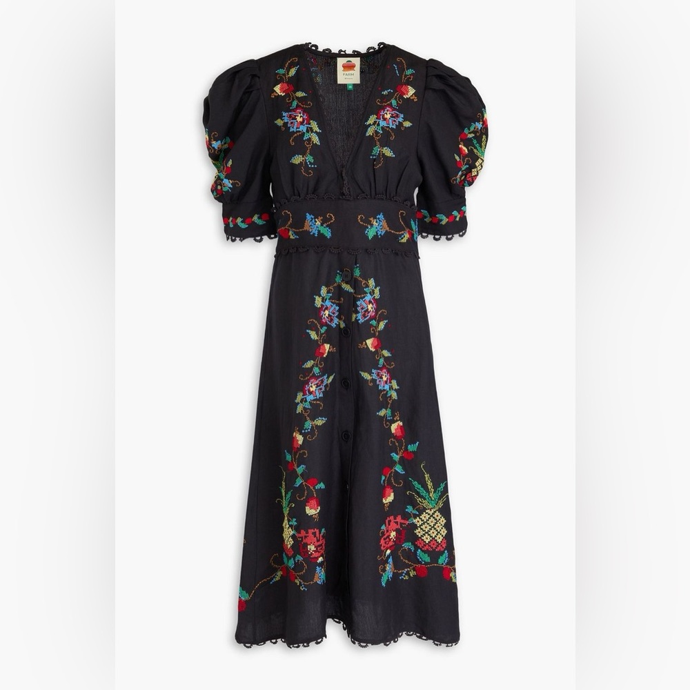 Farm Rio Embroidered Linen-Blend Midi Dress